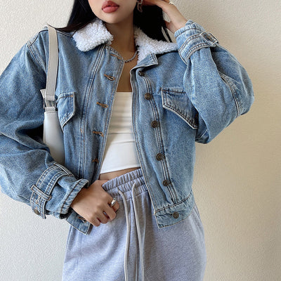 Chaqueta Denim Retro Americana con Forro de Lana para Mujer - Image 14