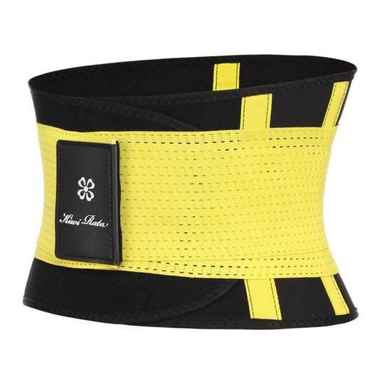 Black and yellow neoprene fitness belt with a perforated texture and a 'Kiwi Rata' logo patch. - Image 16