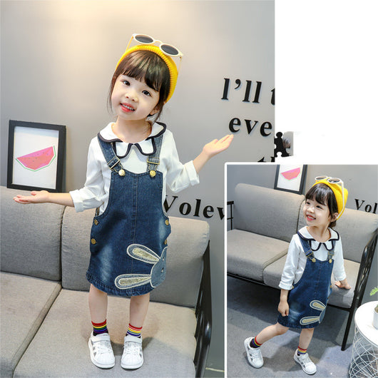 Vestido Denim Infantil con Bordado de Conejo y Tirantes para Niñas - Image 4
