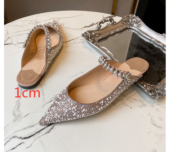 Tacones Planos Elegantes con Pedrería y Perlas - Punta Afilada para Mujer