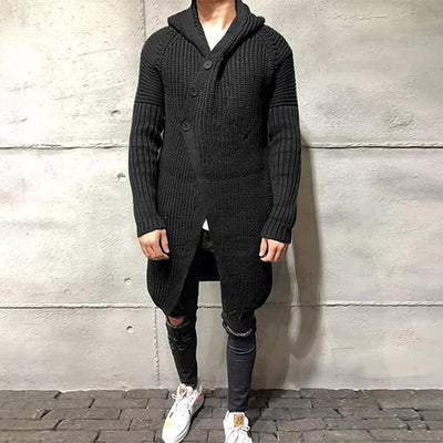 Suéter Abrigo Largo con Capucha para Hombre Botones Color Sólido - Image 10