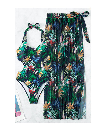 Yellow tropical print three-piece bikini set with halter top, high-waisted bottoms, and long cover-up skirt with high slit. - Image 8