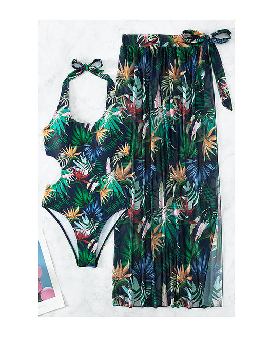 Yellow tropical print three-piece bikini set with halter top, high-waisted bottoms, and long cover-up skirt with high slit. - Image 8