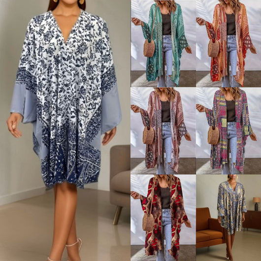 Cardigan Bohemio Capa Murciélago con Estampado Azteca