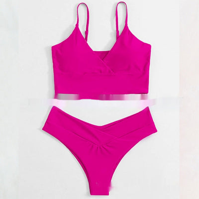 Bright yellow two-piece bikini swimsuit with a crop top and high-cut V-front bottoms, laid flat. - Image 9