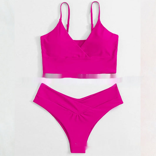 Bright yellow two-piece bikini swimsuit with a crop top and high-cut V-front bottoms, laid flat. - Image 9