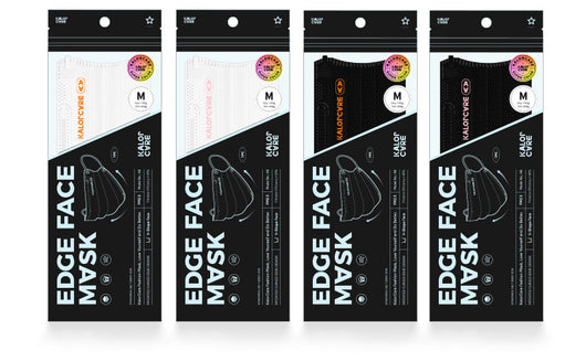 White V-shape face mask with pink ear loops, packaged in a clear and black pouch, size S, by Kalor Cvre. - Image 9