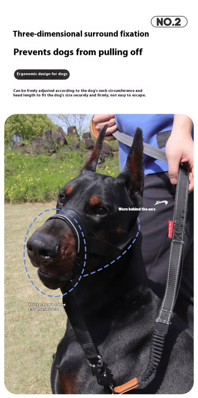 Black and brown leather and nylon dog muzzle with adjustable straps and a D-ring, shown with a size chart. - Image 10
