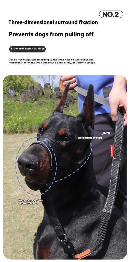 Black and brown leather and nylon dog muzzle with adjustable straps and a D-ring, shown with a size chart. - Image 10