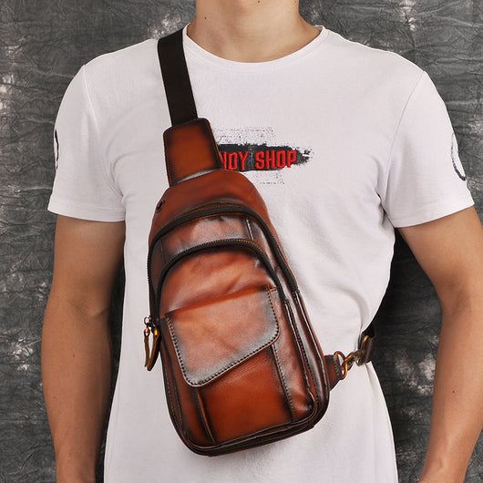 Bolsa Cruzada para Pecho de Cuero Crazy Horse Vintage - Estilo Retro para Hombre
