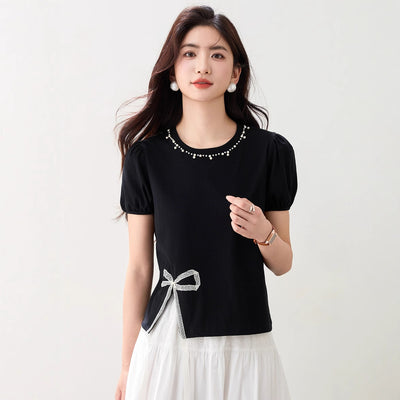 Blusa Corta Cuello Redondo con Lazo y Detalles Perla - Image 11