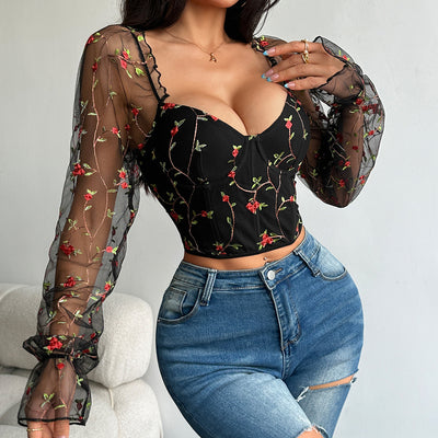 Blusa Larga de Malla Transparente con Parches Bordados - Image 30