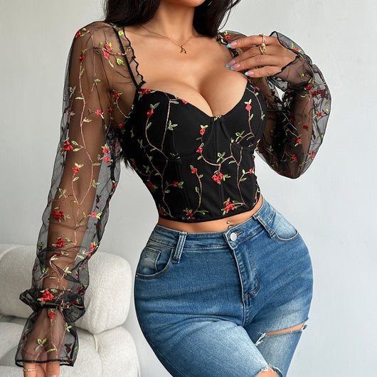 Blusa Larga de Malla Transparente con Parches Bordados - Image 30