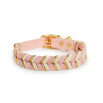 Braided dog collar with chevron pattern in cream and brown, featuring a cream strap and gold-tone metal buckle. - Image 4