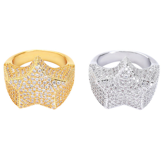 Anillo Estrella de Cinco Puntas con Zircones, Chapado en Oro Real Estilo Hip-hop - Image 2