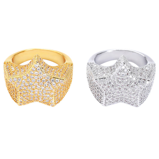 Anillo Estrella de Cinco Puntas con Zircones, Chapado en Oro Real Estilo Hip-hop - Image 2