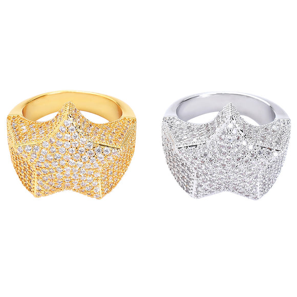 Anillo Estrella de Cinco Puntas con Zircones, Chapado en Oro Real Estilo Hip-hop