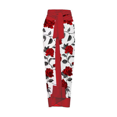 White one-piece swimsuit with red rose print and matching sarong skirt with red tie waist. - Image 7