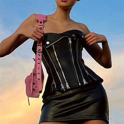 Blusa Asimétrica de Cuero PU Ajustada para Mujer - Image 14