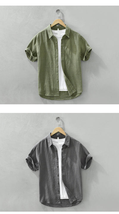Camisa de Lino y Algodón Transpirable con Solapa de Manga Corta - Image 11