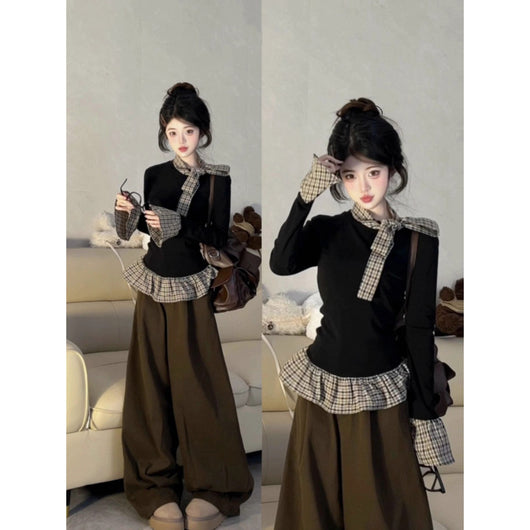 Blusa Larga Negra de Dos Texturas con Mangas Largas para Otoño - Image 6