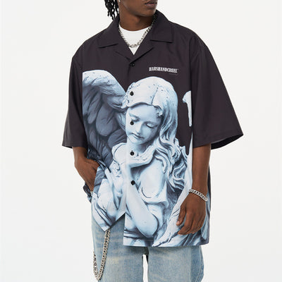 Camisa Cuello Cubano Estampado Angel Plaster