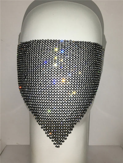 Gold rhinestone mask made of metal mesh, covering the face from the eyes to below the chin, displayed on a white mannequin head. - Image 11