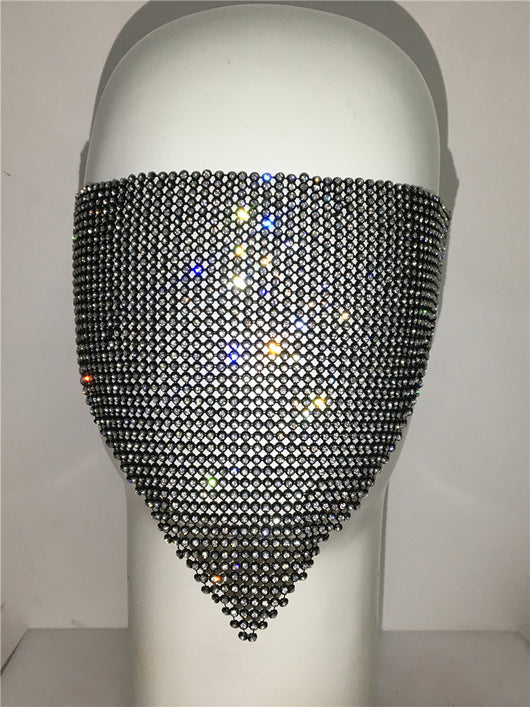 Gold rhinestone mask made of metal mesh, covering the face from the eyes to below the chin, displayed on a white mannequin head. - Image 11