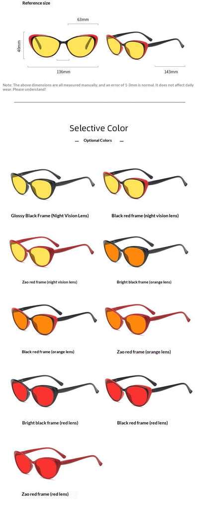 Retro cat-eye sunglasses with bright black frames and yellow night vision lenses on a white background. - Image 18