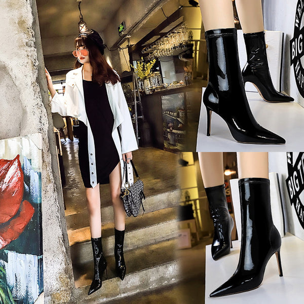 Botas Tobilleras de Charol Brillante con Stretch - Diseño Sexy y Ajustado