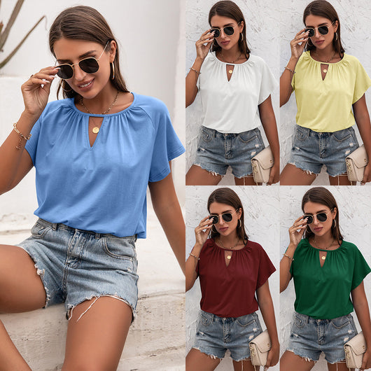 Blusa Suelta de Cuello Redondo con Detalles Calados