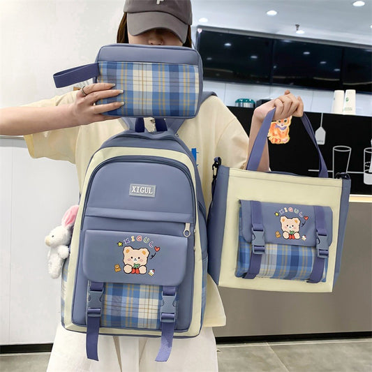 Mochila Escolar de Tres Piezas a Cuadros con Gran Capacidad - Image 2