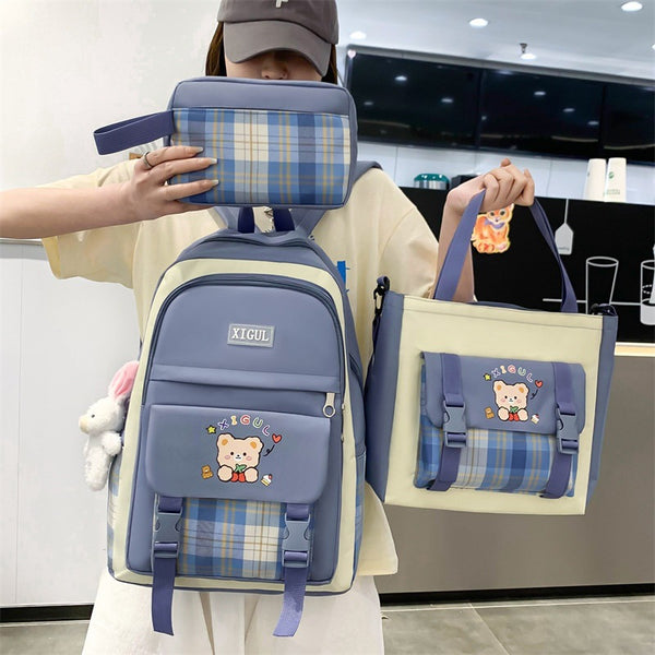 Mochila Escolar de Tres Piezas a Cuadros con Gran Capacidad