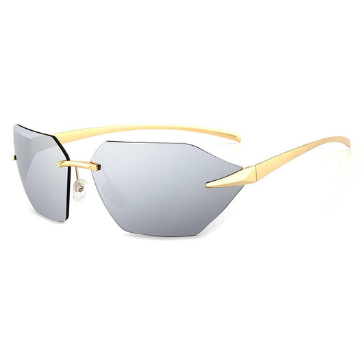 Trendy women's rimless cat-eye sunglasses with silver mirrored lenses and gold-colored metal temples. - Image 4