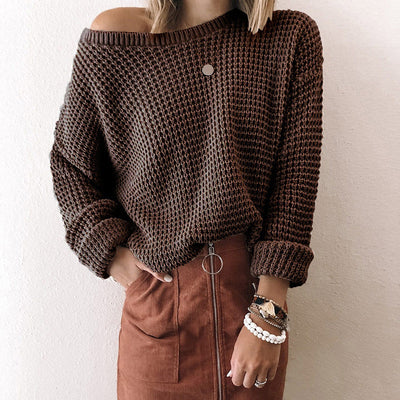 Suéter Tejido Suelto con Cuello Sesgado para Mujer - Otoño e Invierno - Image 2