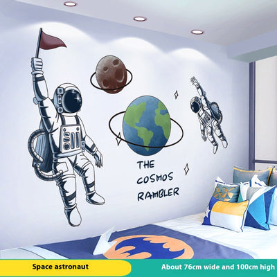 Cartoon astronaut and space station wall stickers with planets, stars, moon, and telescope on a white wall. - Image 7