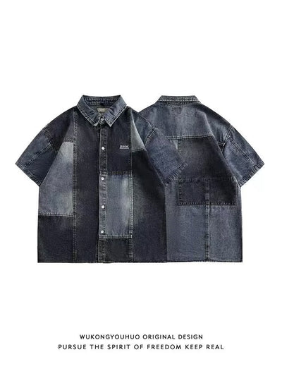 Camisa Denim Retro Estilo Japonés con Costuras Lavadas para Hombre - Image 10