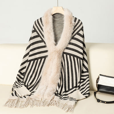 Poncho Tejido de Rayas Otoño Invierno con Flecos Elegante - Image 28