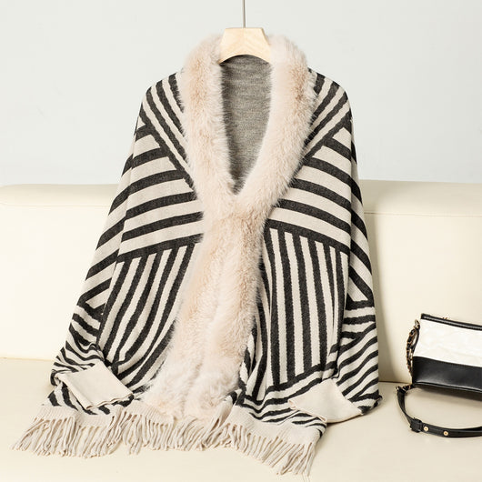 Poncho Tejido de Rayas Otoño Invierno con Flecos Elegante - Image 28