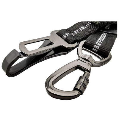Black reflective pet car seat belt with elastic buffer, seat belt buckle, and metal carabiner clip. - Image 14