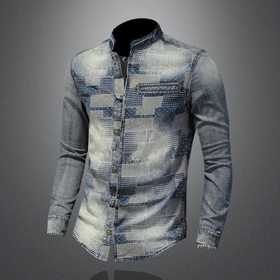 Camisa Denim Punk con Parches de Colores Retro para Hombre - Image 8