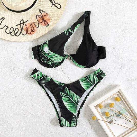 Traje de Baño Bikini Asimétrico con Estampado Tropical y Sostén Underwire - Image 2