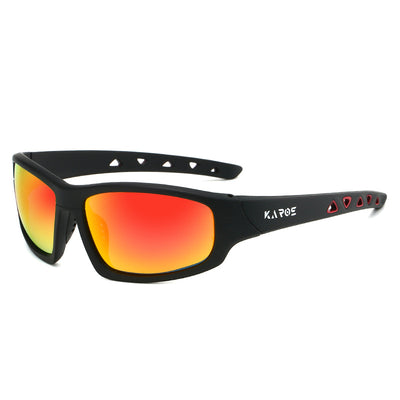 Black sports sunglasses with red mirrored lenses, featuring a wrap-around style and red accents on the temples. - Image 4