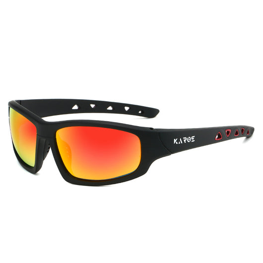 Black sports sunglasses with red mirrored lenses, featuring a wrap-around style and red accents on the temples. - Image 4