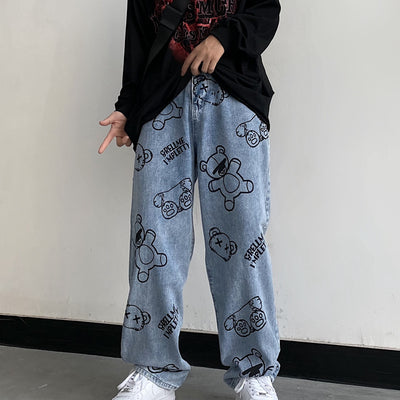 Pantalones Retro Estampado Caricatura Cintura Alta Ancho Cómodo - Image 9