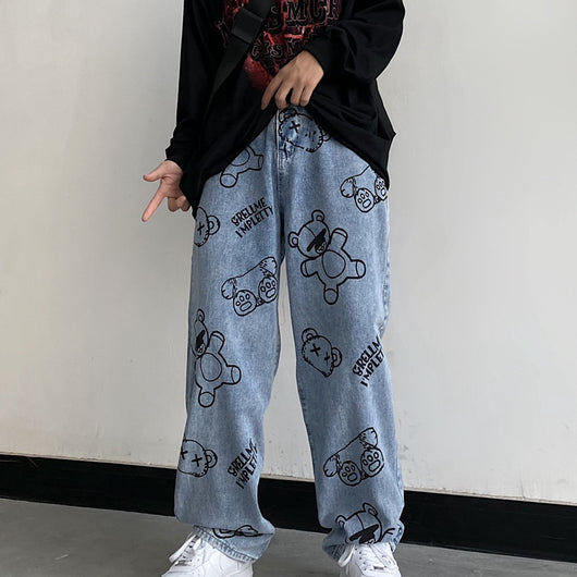 Pantalones Retro Estampado Caricatura Cintura Alta Ancho Cómodo - Image 9