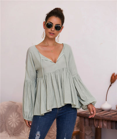 Blusa V-Neck con Mangas Abullonadas en Colores Sólidos - Image 14