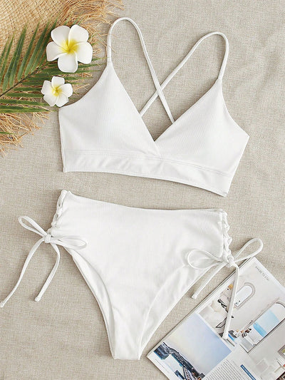 Light green ribbed bikini set with a V-neck bralette top and high-waisted bottoms featuring side tie details. - Image 11