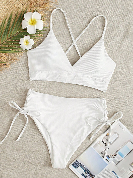 Light green ribbed bikini set with a V-neck bralette top and high-waisted bottoms featuring side tie details. - Image 11