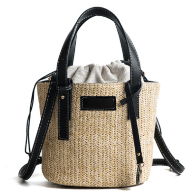 Bolsa de Playa Tejida a Mano con Contraste de Colores - Bolso Cilíndrico de Paja